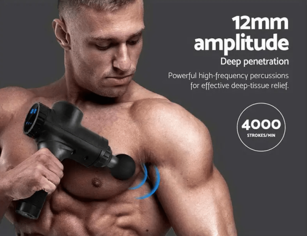 shirtles man holding massage using it on bicep with text showing speed on grey background