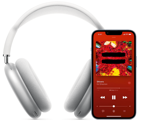 Apple AirPods Max with iphone showing itunes with white background