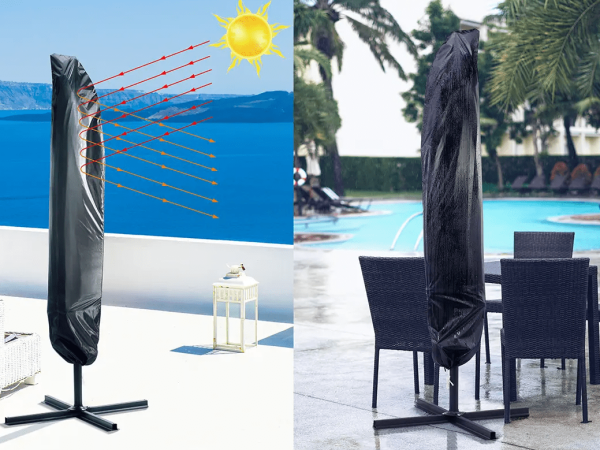 close up of closed charcoal cantilever umbrella with two different backgrounds