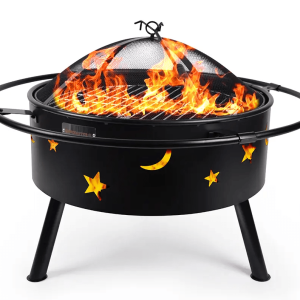outdoor fire pit and cooking grillwith fire on white background