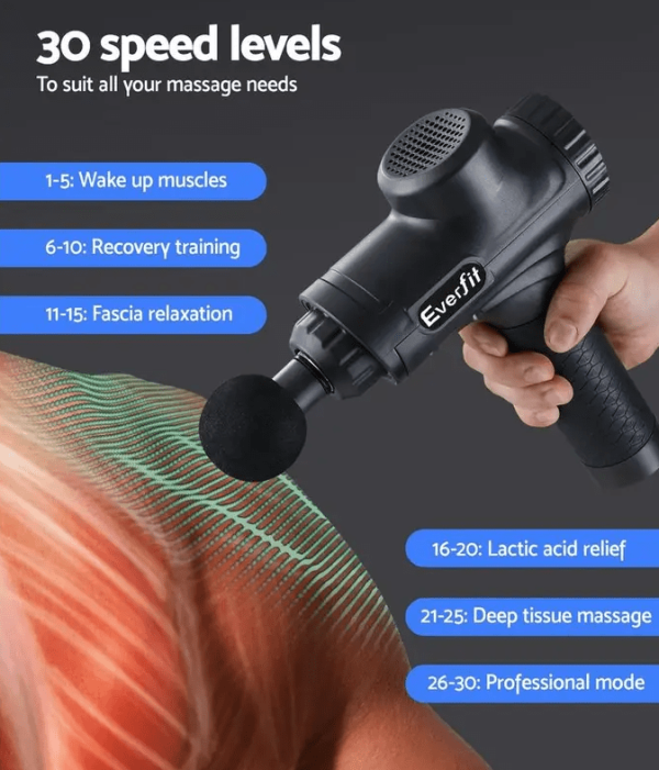 deep muscle massage gun with hand using it on shoulder with text on 6 different modes