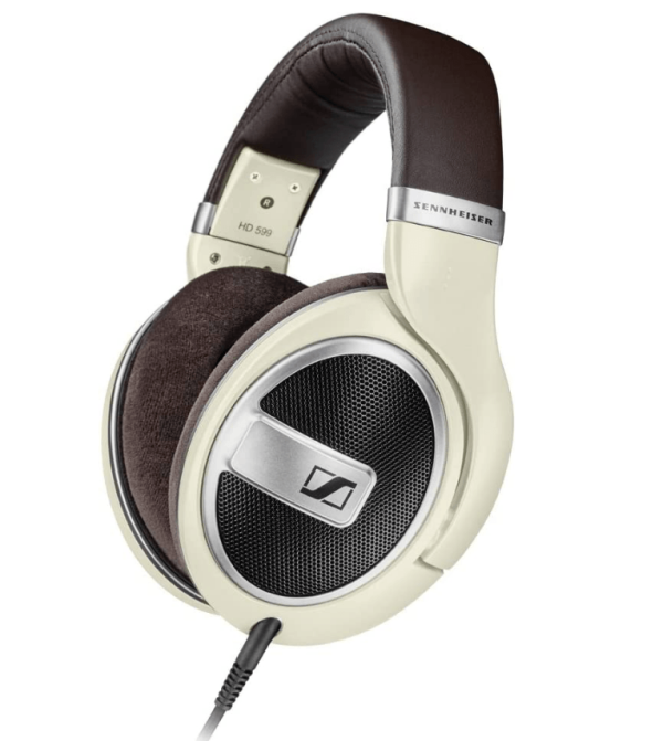 Sennheiser HD 599 Headphones side view with white background and wire plugged in