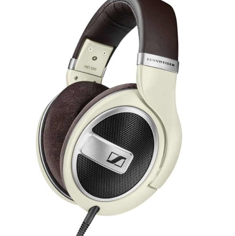 Sennheiser HD 599 Headphones side view with white background and wire plugged in