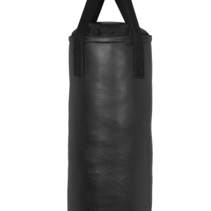 black boxing bag hanging with whte background