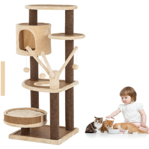 Multi-level Cat Tree Beige (132cm) with white background