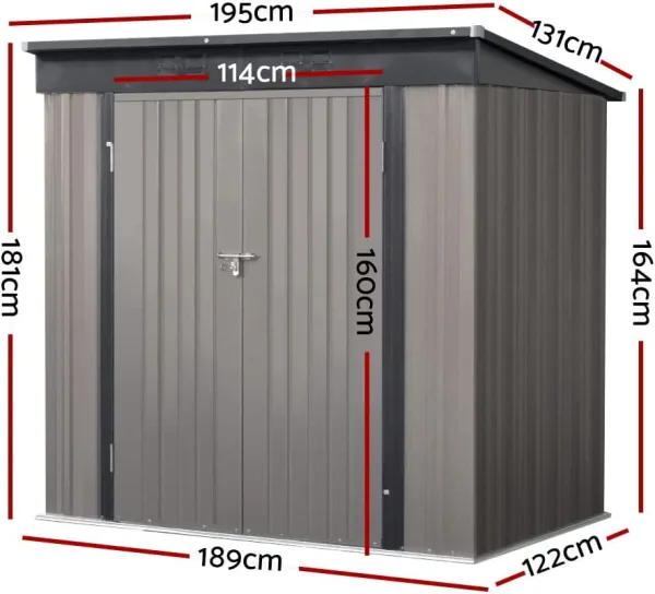 Garden Shed Steel Outdoor Storage showing dimensions with red lines and text