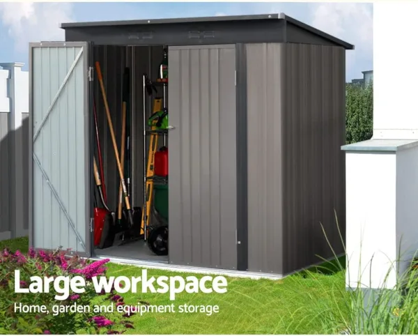Garden Shed Steel Outdoor Storage with white text