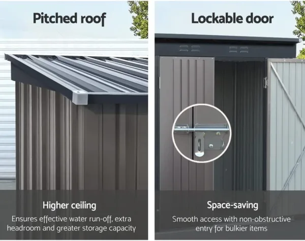 showing Garden Shed Steel Outdoor Storage lockable doors with text