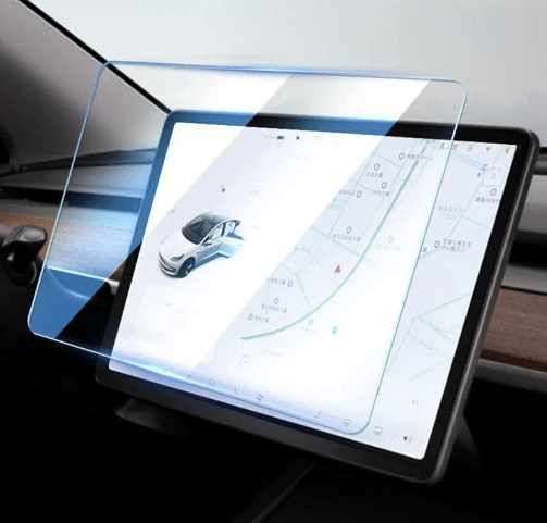 Tesla Model 3/Y Tempered Glass Screen Protector (2 Pack) hovering over Tesla screen