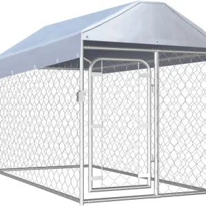 large outdoor dog kennel with roof with white background