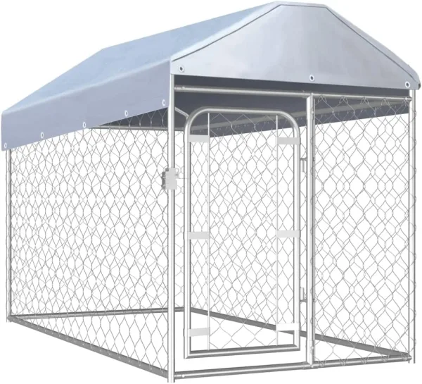 large outdoor dog kennel with roof with white background