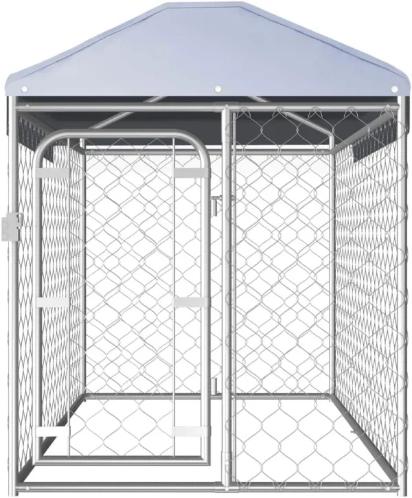 large outdoor dog kennel with roof front view with white background