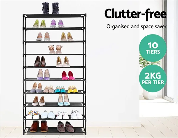 Space-Saving 10-Tier Shoe Rack showing weight load