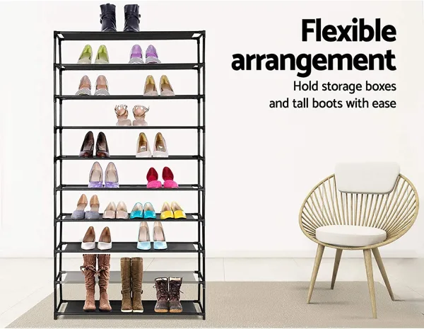 Space-Saving 10-Tier Shoe Rack with text and chair