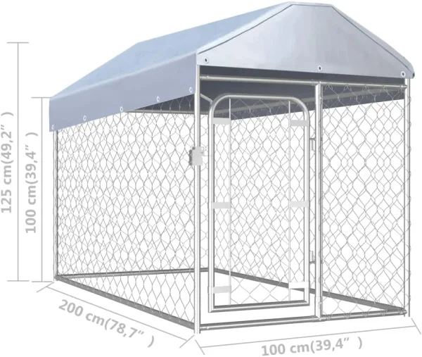 large outdoor dog kennel with roof showing dimensions