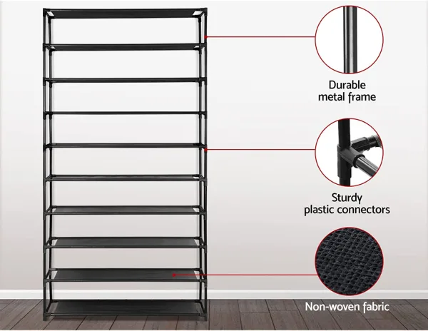 Space-Saving 10-Tier Shoe Rack with pictrues of stacking instructions