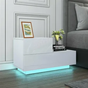 White 2 Drawer Bedside Table Nightstand with blue light in bedroom