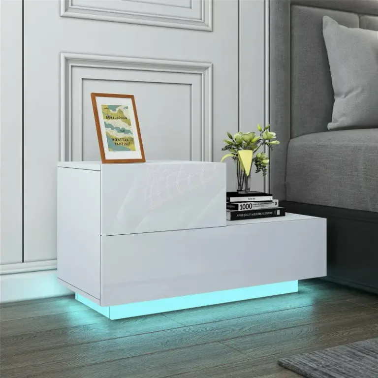 White 2 Drawer Bedside Table Nightstand with blue light in bedroom