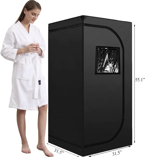 black sauna tent with woman standing in a robe and dimensions showing height