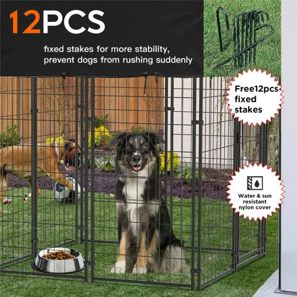 black dog kennel with dog inside and text saying 12pcs