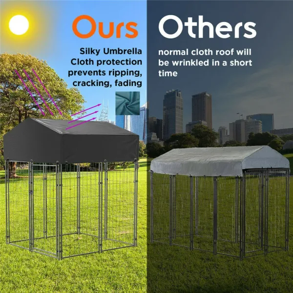 Large Outdoor Dog Kennel with Premium Umbrella-grade Roof with two side by side images of other dog kennel vs this one