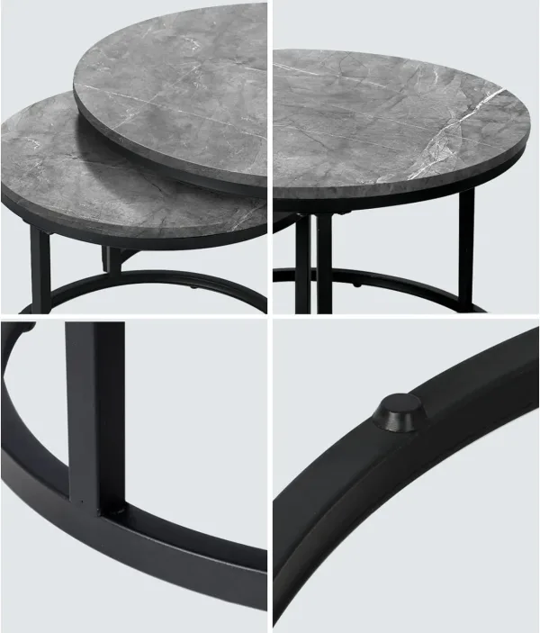 4 images of nesting table with top and steel frame