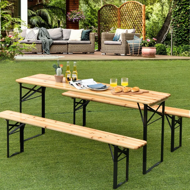 outdoor furniture table and bench in garden